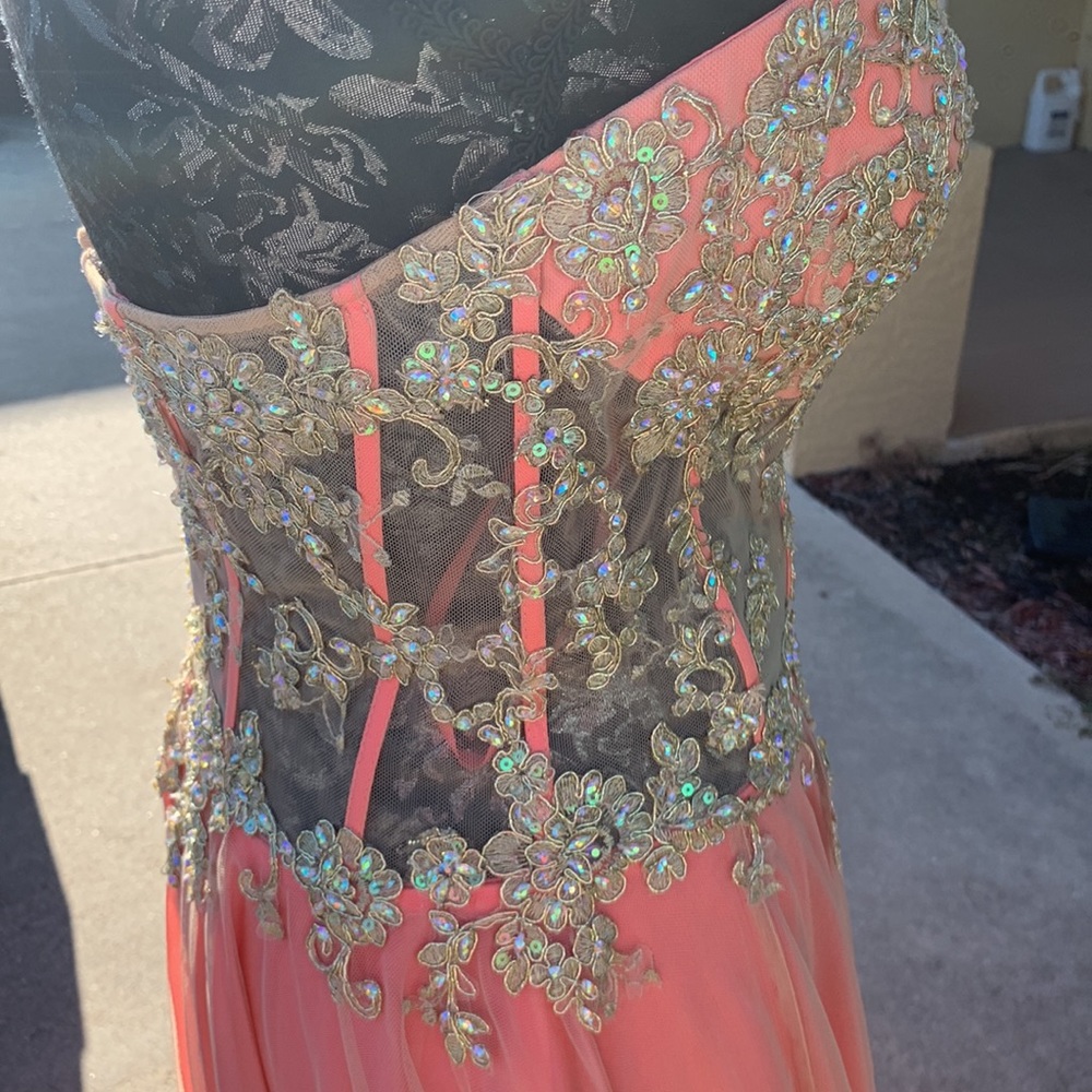 Exquisite jeweled coral colored strapless princess gown by La Femme size 6 - Picture 7 of 14